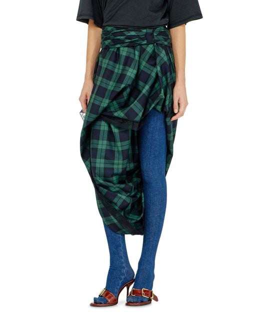 DIESEL Green Draped Tartan Midi Skirt With Lace Trim