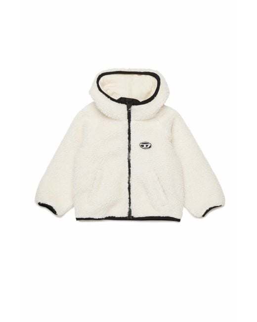 DIESEL White Hooded Teddy Jacket With Oval D Patch