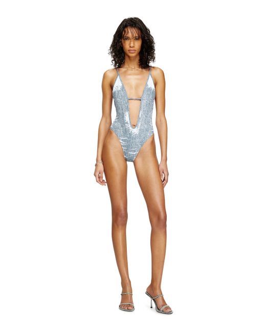 DIESEL Blue Swimsuit With Trompe L'Oeil Denim Print