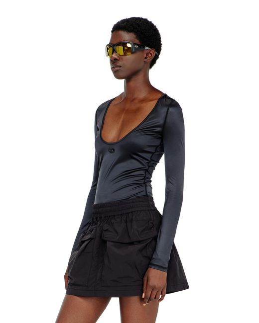 DIESEL Black Nylon Slim Top Scoop Neck With Logo Oval D Embroidery