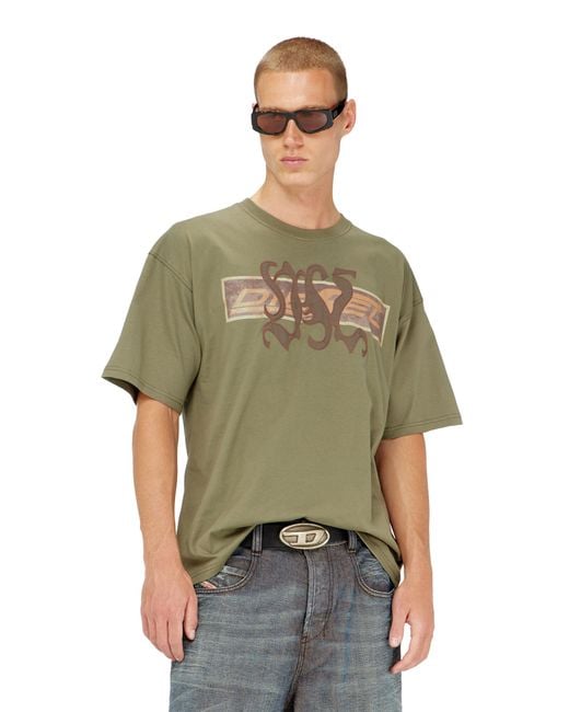 DIESEL Green T-Shirt With Graphic Print And Patches for men