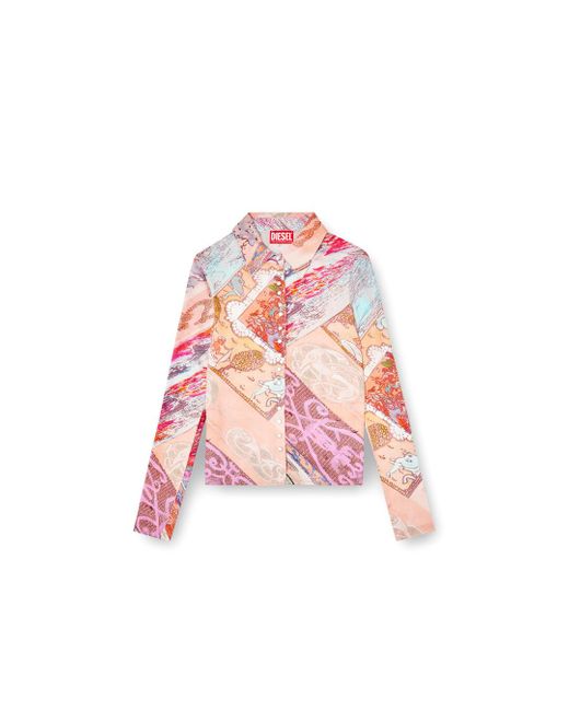 DIESEL Red Stretch-Viscose Shirt With Heraldic Print