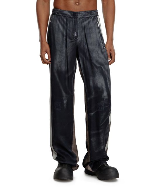DIESEL Blue Viscose Pants With Leather-effect Print for men