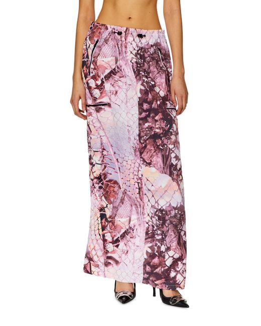 DIESEL Purple Long Skirt In Printed Crinkled Nylon