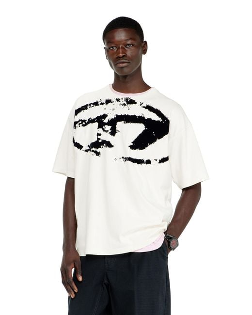 DIESEL White T-Shirt With Distressed Flocked Logo for men