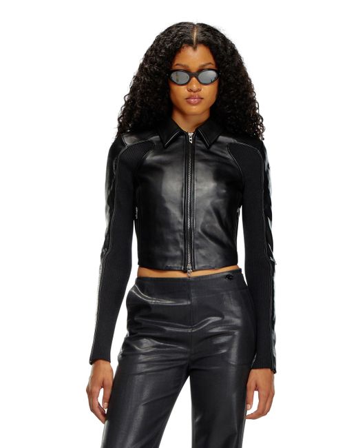 DIESEL Black Cropped Leather Jacket With Knit Inserts