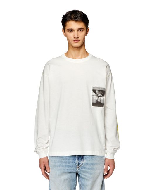 DIESEL White Long-sleeve T-shirt With Raw-cut Patches for men