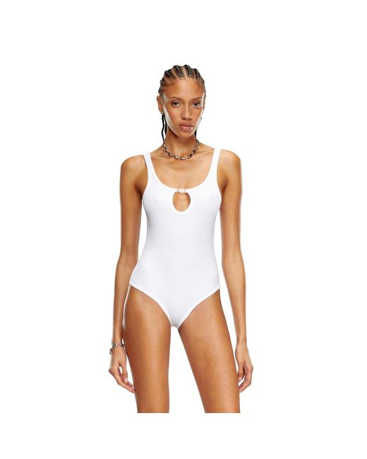 DIESEL White Ribbed Bodysuit With Oval D Plaque