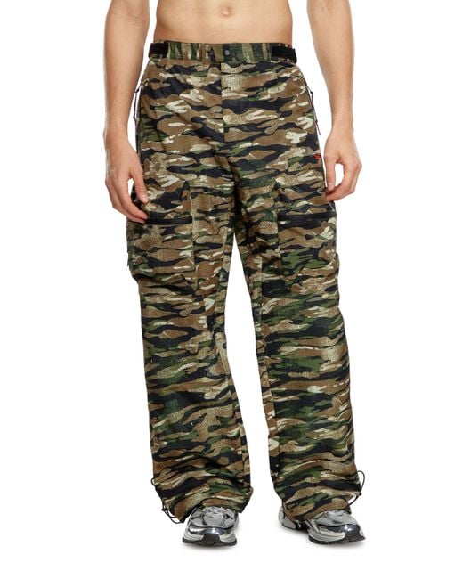 DIESEL Green Nylon Cargo Pants With Worn Camo Print for men