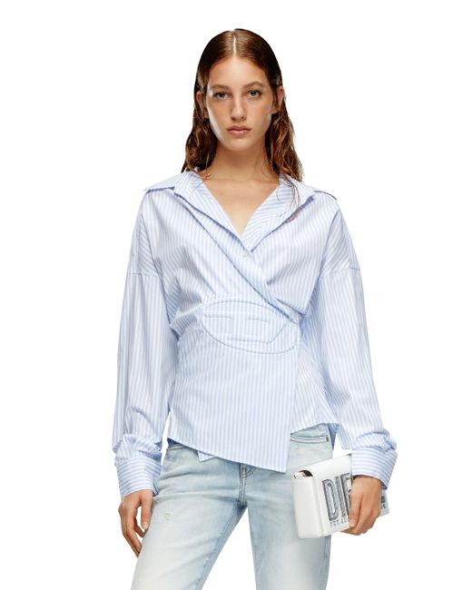 DIESEL White Striped Wrap Shirt With Embossed Logo