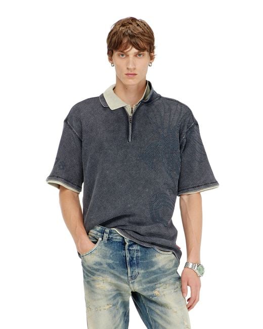 DIESEL Blue Mesh-Jacquard Polo Shirt With Phoenix Print for men
