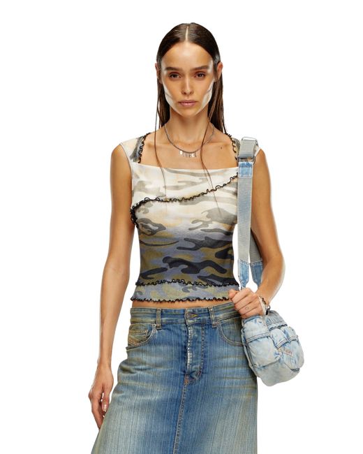 DIESEL Blue Faded Camo Top With Lettuce Hems