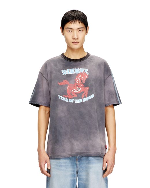 DIESEL Blue Cotton T-Shirt With Horse Graphic Print for men
