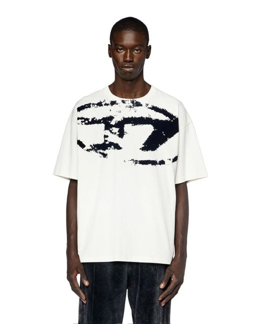 DIESEL White T-shirt With Distressed Flocked Logo for men