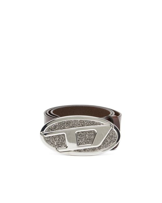 DIESEL Brown 4Cm Leather Belt With Rhinestone Oval D Buckle