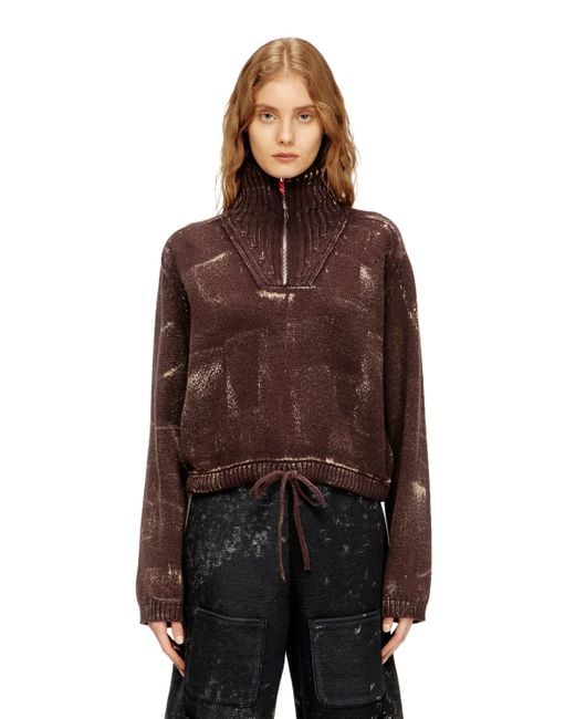 DIESEL Brown Half-Zip Jumper With Distressed Effect
