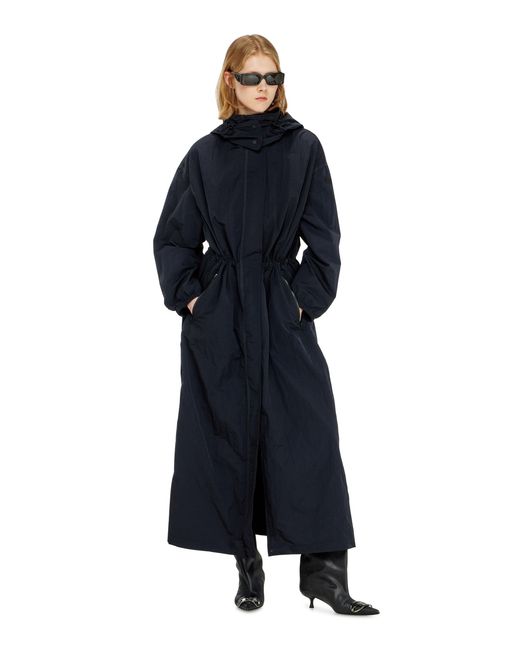 DIESEL Blue Nylon Trench Coat With Detachable Hood