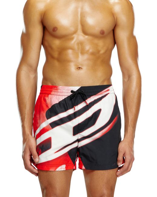 DIESEL Red Mid-length Swim Shorts With Oval D Print for men