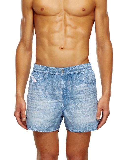 DIESEL Blue Mid-length Swim Shorts With Denim Print for men