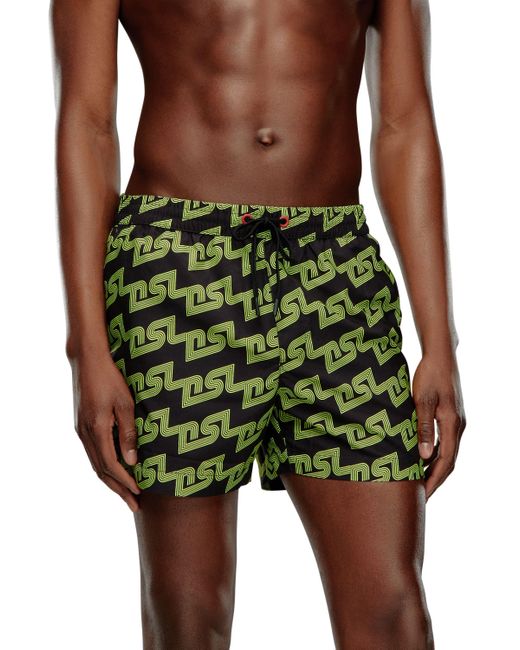 DIESEL Green Mid-length Swim Shorts With Dsl Print for men