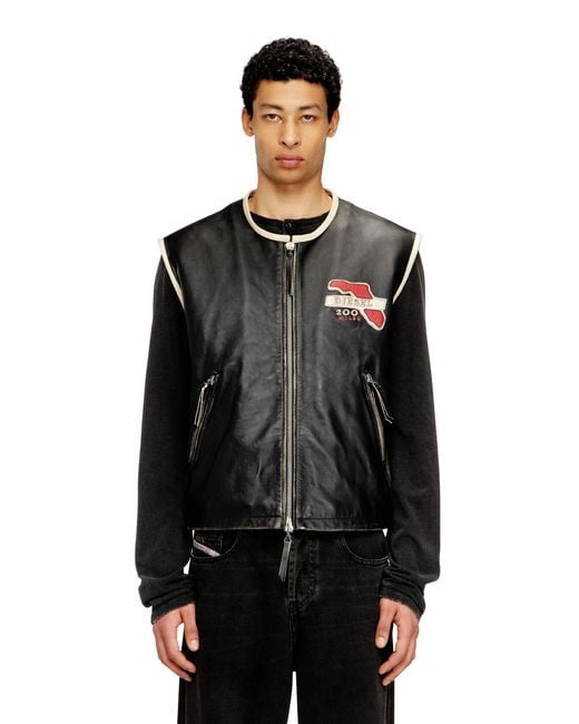 DIESEL Black Leather Vest With Embroidered Patches for men