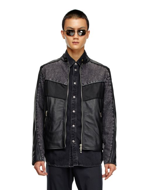DIESEL Black Denim And Shell-panelled Leather Jacket for men