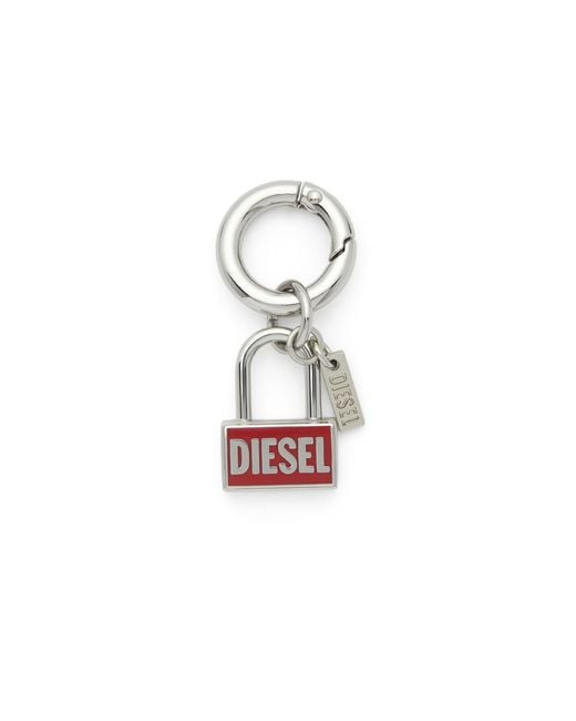 DIESEL White Metal Keyring Charm With Padlock Design