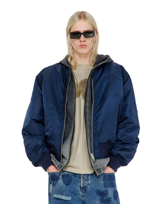 DIESEL Blue Padded Bomber Jacket With Oval D Embroidery for men
