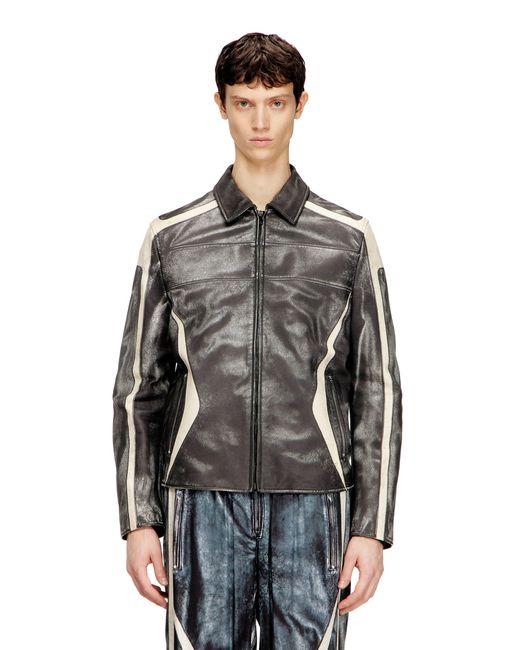 DIESEL Gray Leather Coach Jacket With Biker Print for men