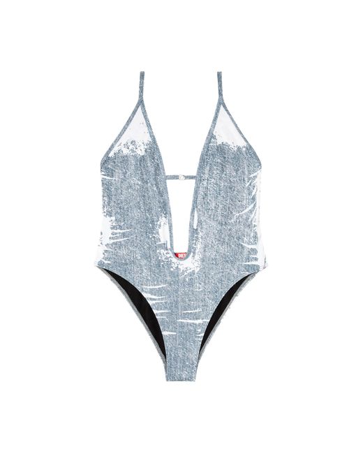 DIESEL Blue Swimsuit With Trompe L'Oeil Denim Print