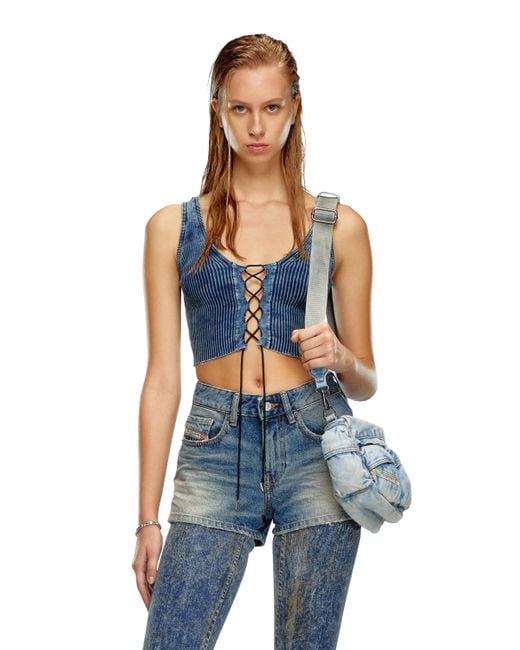 DIESEL Blue Cropped Lace-up Tank Top In Indigo Knit