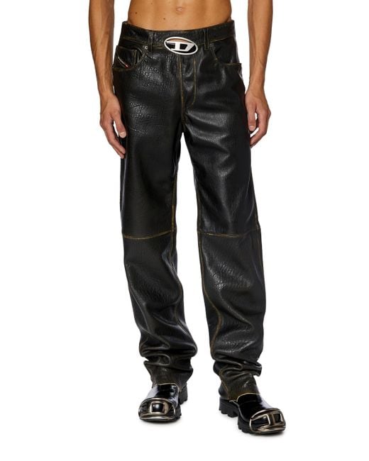 DIESEL Texturierte Hose aus Leder mit Logo-Cutout in Black für Herren