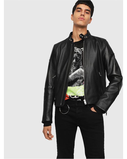 DIESEL Black Leather Biker Jacket With Side Buckles for men