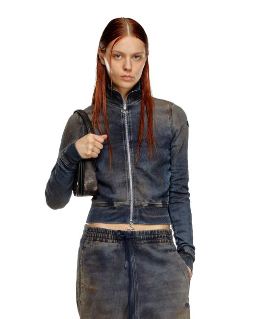 Felpa con zip in Track Denim distressed di DIESEL in Blue
