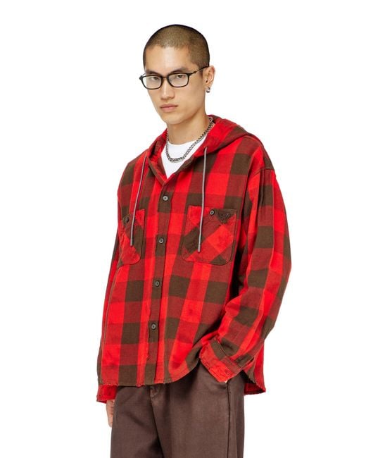 DIESEL Red Distressed Hooded Shirt for men