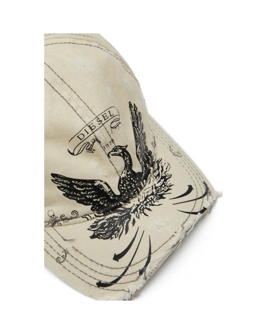 DIESEL White Distressed Baseball Cap With Phoenix Print for men