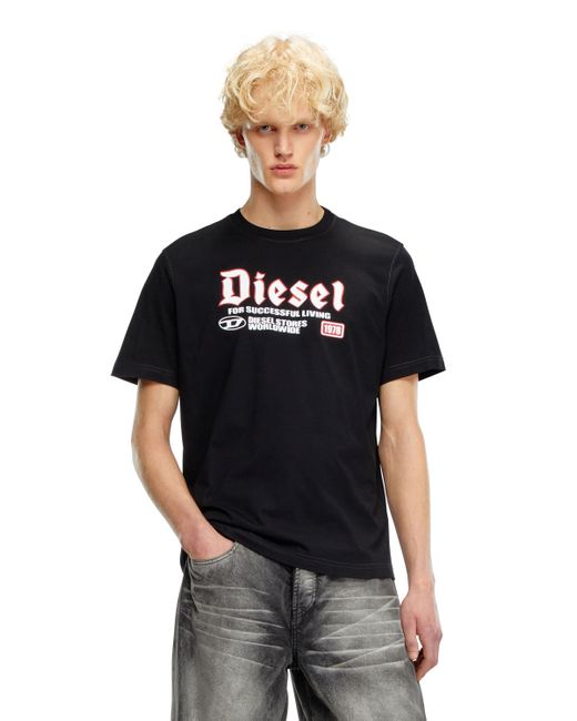 DIESEL Black T-shirt With Flocked Print for men