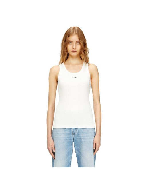 DIESEL White Slim Ribbed Tank Top With Metallic Oval D