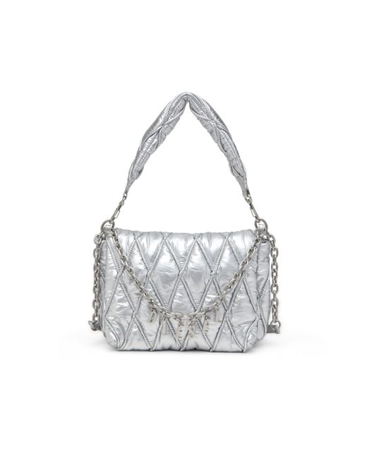 DIESEL White Charm-d M-shoulder Bag In Quilted Metallic Nylon