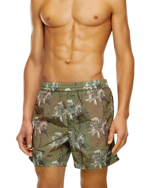 DIESEL Green Palm-tree Board Shorts In Crinkled Fabric for men