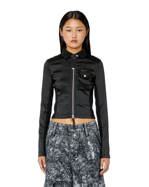 DIESEL Zip-up Shirt In Knit And Stretch Satin in Black | Lyst