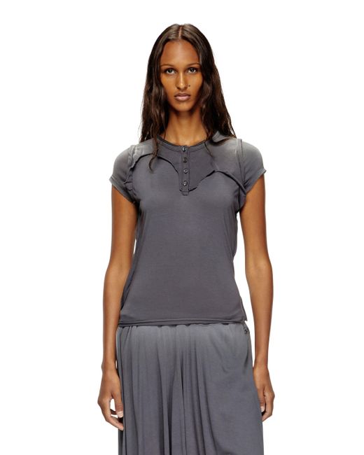 DIESEL Blue Henley T-shirt With Peel-off Effect