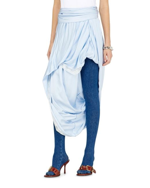 DIESEL Blue Draped Satin Midi Skirt With Lace Trim
