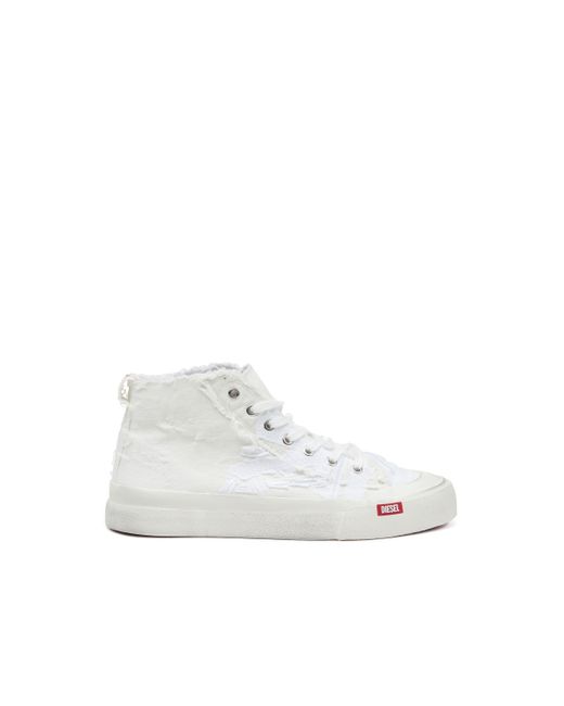 DIESEL White S-athos Mid-destroyed Gauze And Denim High-top Sneakers for men