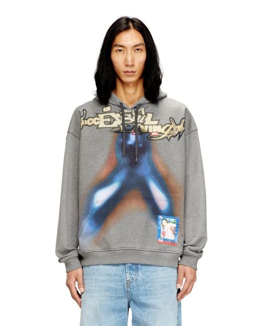 DIESEL Blue Cotton Hoodie With Digital Print for men