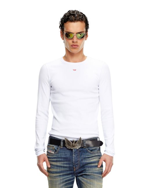 DIESEL White Long-sleeve T-shirt With D Patch for men