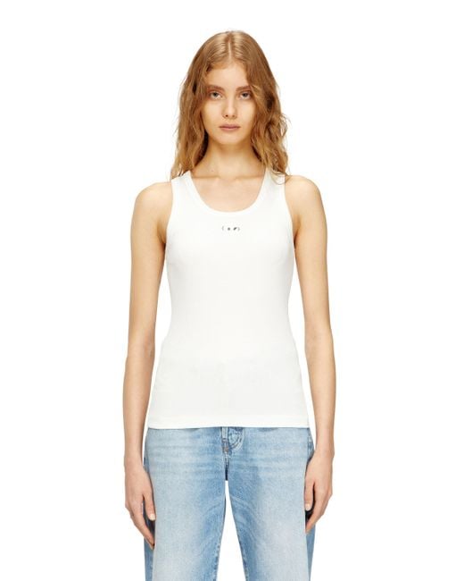 DIESEL White Slim Ribbed Tank Top With Metallic Oval D