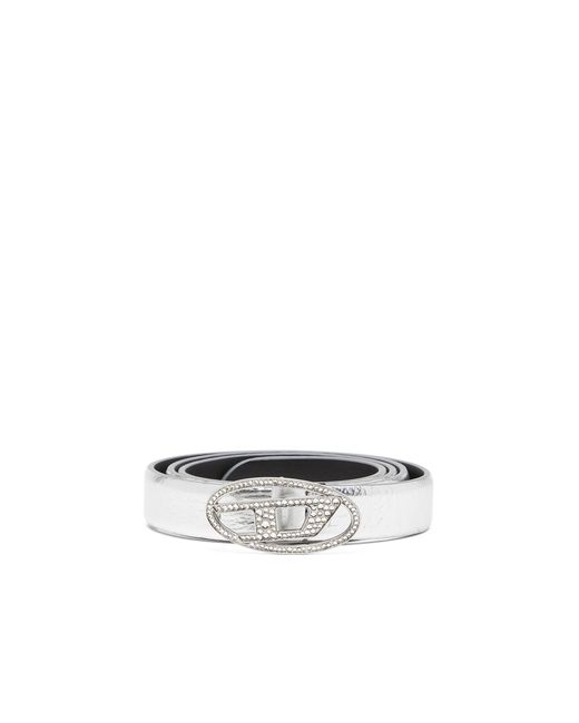 DIESEL White 2 Cm Leather Belt With Crystal Buckle