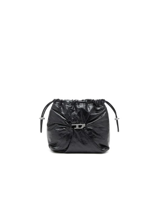 DIESEL Black Scrunch-d-bucket Bag In Shiny Wrinkled Leather