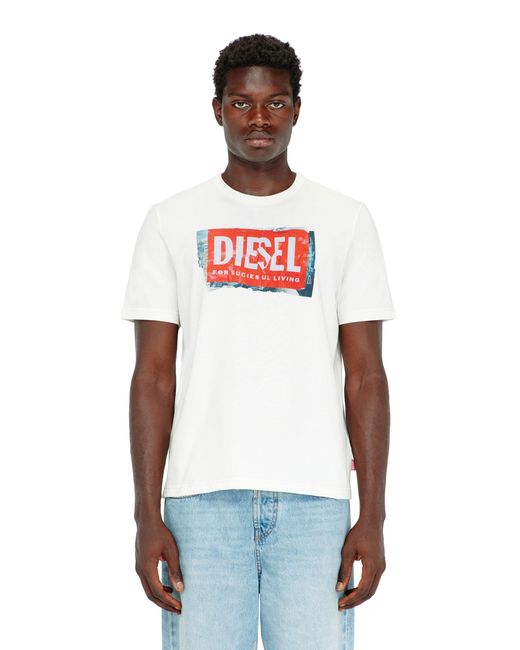DIESEL White T-Shirt With Crumpled-Effect Logo for men